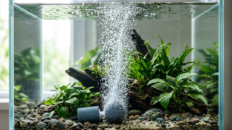 burbujas de oxígeno subiendo desde una piedra difusora en un acuario de agua muy clara