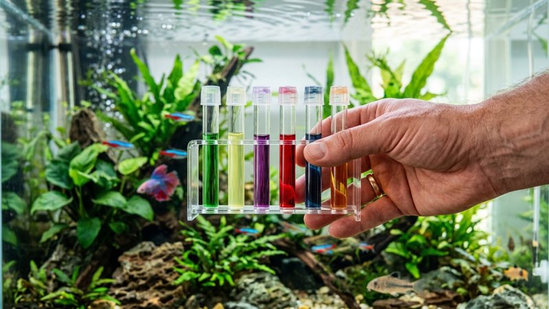 una mano sosteniendo tubos de test de agua de acuario con distintos tonos de color, junto a la pecera