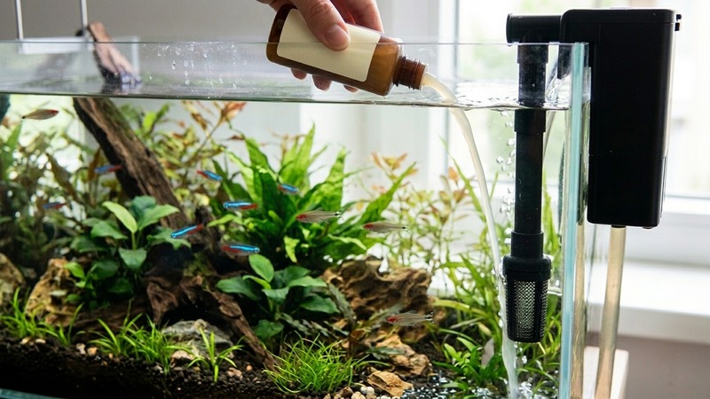 un frasco de bacterias para acuario vertiéndose con cuidado sobre el agua junto a la boca del filtro