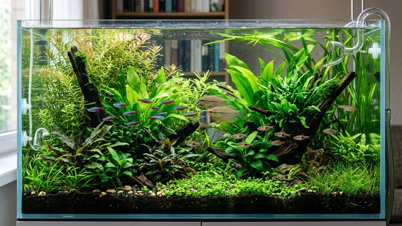 un acuario plantado ya maduro y equilibrado, con peces sanos entre plantas verdes y densas