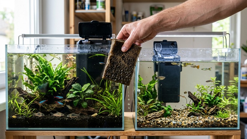 una mano trasladando una esponja de filtro madura de un acuario a otro acuario nuevo