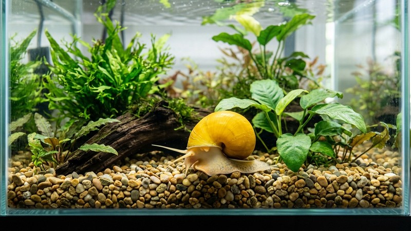un caracol manzana amarillo recorriendo un fondo de grava limpia entre plantas acuáticas sanas, dentro de un acuario de agua transparente