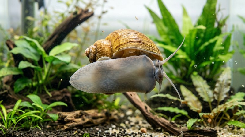 un caracol manzana pegado por dentro al cristal de un acuario, visto de cerca, con el pie transparente extendido sobre el vidrio limpio y agua muy clara