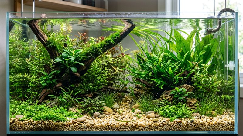un acuario plantado exuberante y sano, con vegetación verde densa, agua cristalina y grava clara, sin peces en primer plano