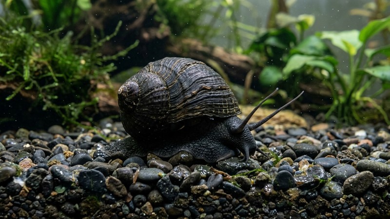 un caracol de concha oscura amarronada con líneas marcadas, apoyado sobre grava de un acuario, con la piel del cuerpo de tono oscuro
