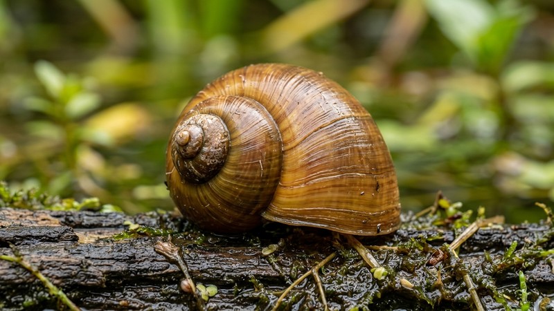 un primer plano macro de la concha en espiral de un caracol manzana, mostrando la textura lisa y las líneas de la concha con detalle nítido, sobre fondo suave
