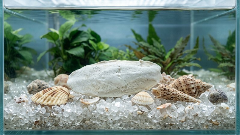 un hueso de sepia blanco y varias conchas marinas apoyados sobre el fondo de grava clara de un acuario cristalino, en reposo