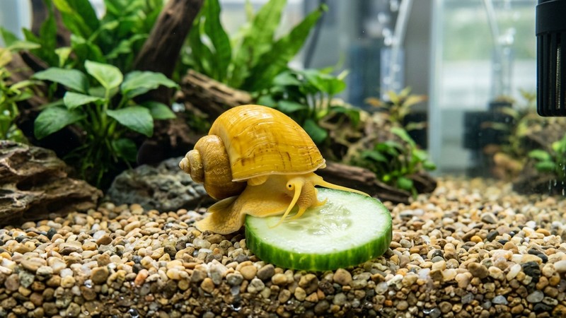 un caracol manzana amarillo alimentándose de una rodaja de pepino apoyada en el fondo de grava de un acuario limpio y transparente