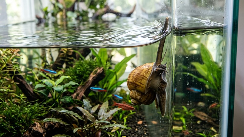 un caracol manzana subiendo hacia la superficie del agua de un acuario y asomando su sifón respiratorio como un tubito hacia el aire, con la lámina de agua brillante