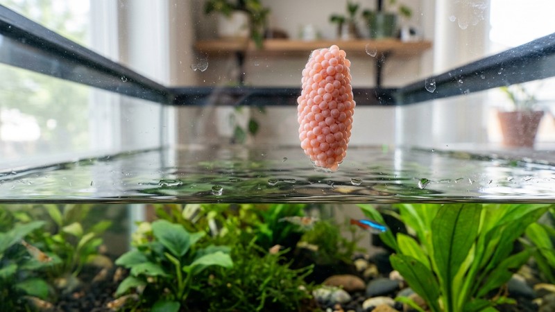 un racimo de huevos rosados de caracol manzana pegado al cristal de un acuario por encima de la línea del agua, en una zona seca, con detalle nítido de los huevos