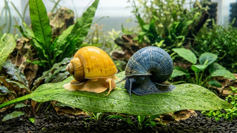 dos caracoles manzana de colores distintos, uno dorado y otro azulado, juntos sobre una hoja ancha dentro de un acuario cristalino, comparando sus conchas