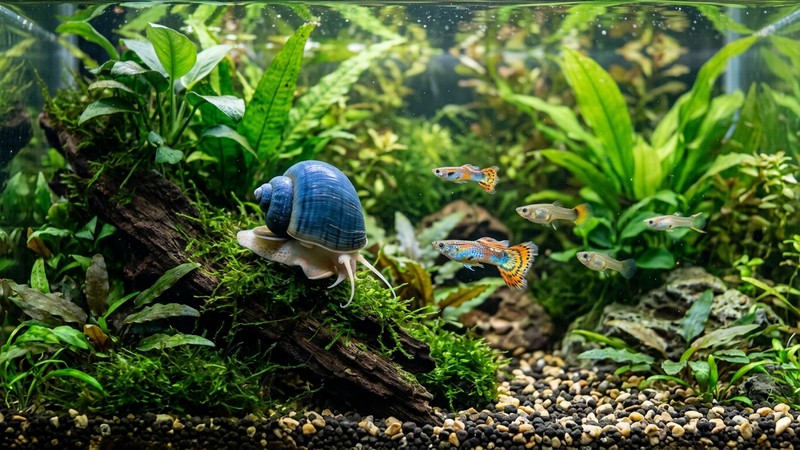 un caracol manzana azul en el fondo de un acuario plantado mientras varios peces pequeños y pacíficos, como guppys de colores, nadan tranquilos alrededor en agua cristalina