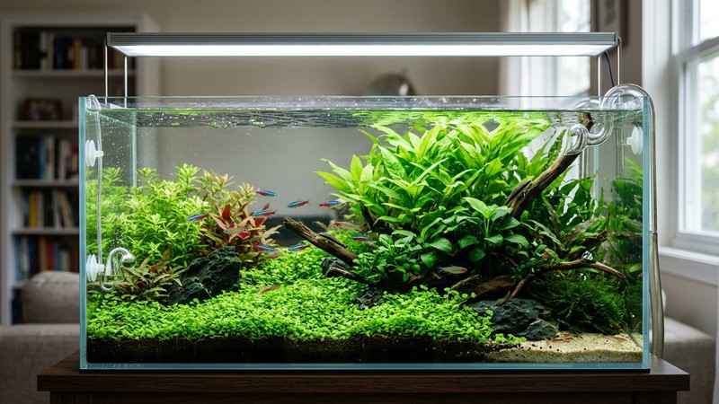 un acuario plantado sano iluminado desde arriba por una luz suave, hojas verdes brillando bajo el foco y agua muy clara