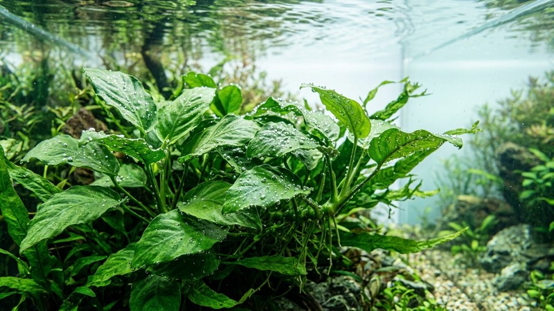 un primer plano de hojas verdes acuáticas dentro del agua muy transparente, sanas y vigorosas, con pequeñas burbujas sobre su superficie