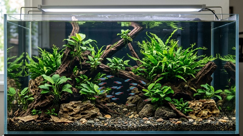 un acuario de bajo mantenimiento con anubias y helechos verdes atados a rocas y troncos, sereno y frondoso, agua cristalina