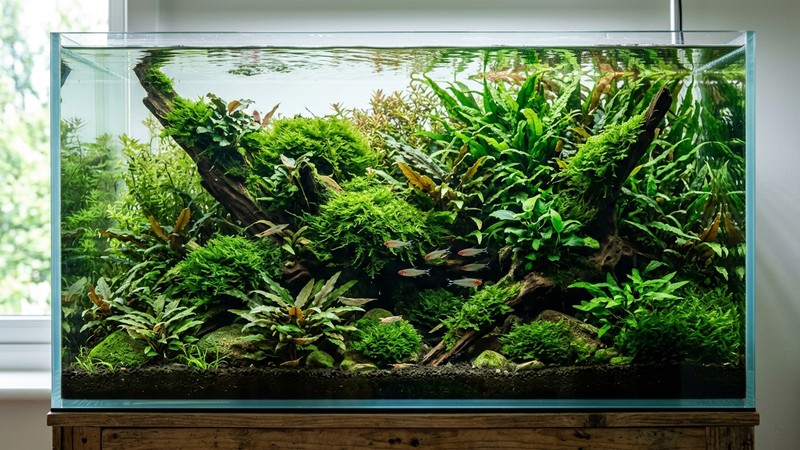 un acuario frondoso con musgos y cryptocorynes bajo una luz moderada, muchos tonos de verde y agua limpia