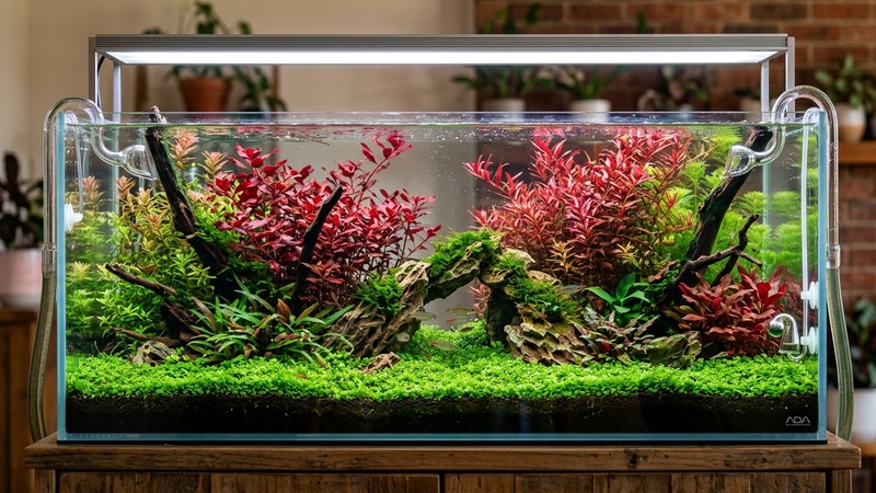 un acuario plantado con plantas de tallo de un rojo intenso y una tapizante verde compacta al frente, agua clara y luz potente
