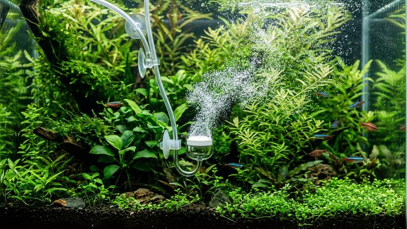 un difusor de CO2 dentro del agua soltando una nube de burbujitas finísimas que se dispersan entre las plantas verdes de un acuario