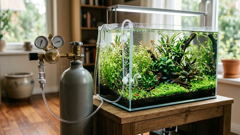 una botella de CO2 presurizado con su manorreductor en reposo apoyada junto a un acuario plantado cristalino y verde