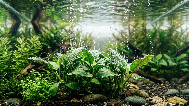 plantas acuáticas perladas de oxígeno, con diminutas burbujas plateadas formándose en las hojas y subiendo hacia la superficie del agua