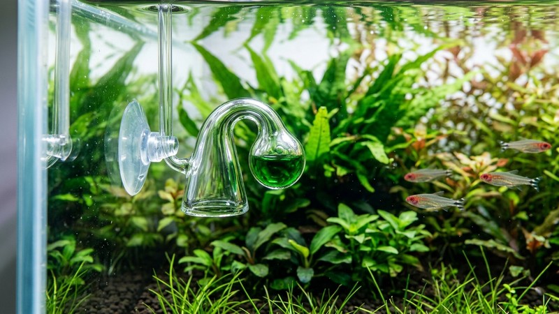 un pequeño drop-checker de cristal colgado dentro del acuario con su líquido de color verde, plantas frondosas al fondo y agua clara
