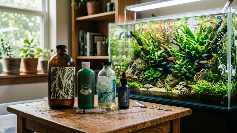 unas botellas de abono líquido en reposo sobre una mesa junto a un acuario plantado frondoso y verde de fondo