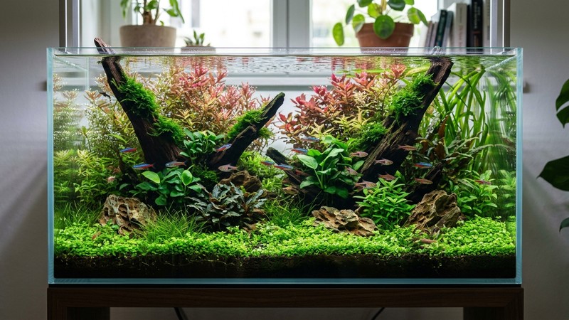 un acuario plantado equilibrado y espectacular, muy frondoso y sano, con plantas perladas y agua cristalina como un paisaje sumergido de revista