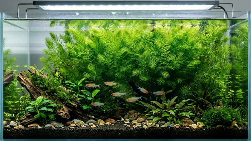 una mata densa de cola de zorro creciendo como telón verde al fondo de un acuario plantado, agua cristalina