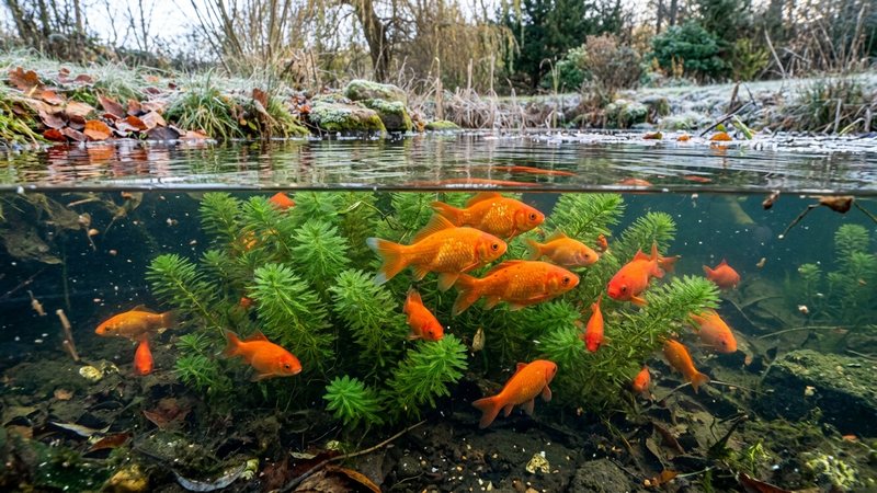 un estanque exterior de agua fría con goldfish naranjas nadando entre matas de cola de zorro verde