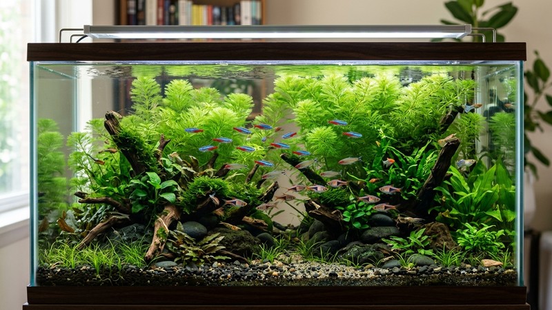 un acuario plantado y bien poblado de peces sanos con cola de zorro frondosa y agua limpia sin algas