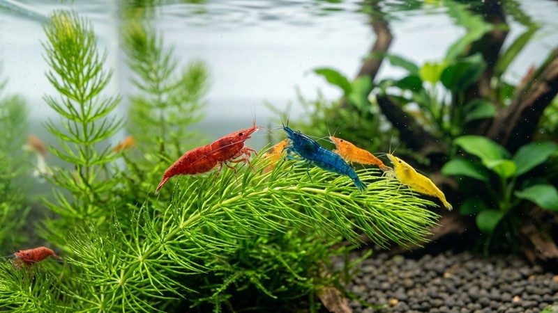 gambas de acuario de colores pastando sobre las hojas de cola de zorro, primer plano, agua cristalina