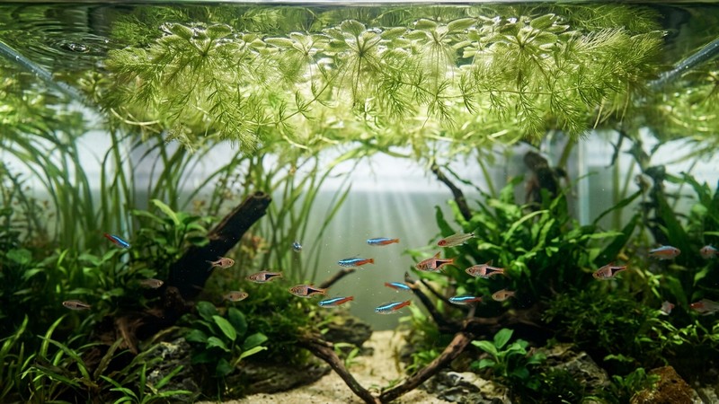 la superficie de un acuario tamizada por cola de zorro flotante, con la luz suave filtrándose hacia peces tranquilos abajo