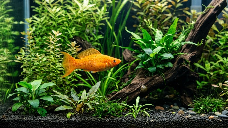 un molly sano de color brillante nadando en un acuario plantado y limpio con agua transparente