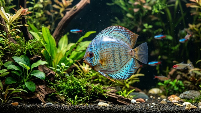 un pez de lomo brillante y liso, con la piel impecable, nadando tranquilo en un acuario bien cuidado