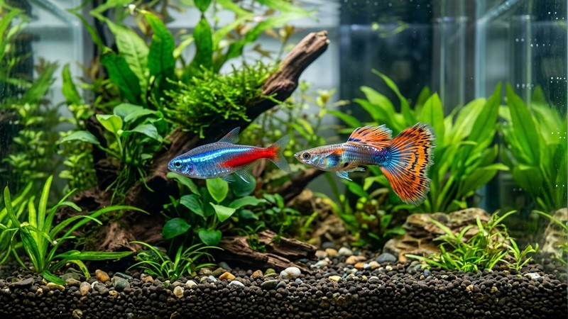 dos peces sanos de colores nadando juntos en un acuario limpio y equilibrado con plantas verdes