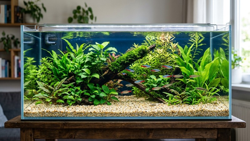 un acuario ordenado y limpio con grava clara, plantas sanas y agua muy transparente, sin suciedad en el fondo