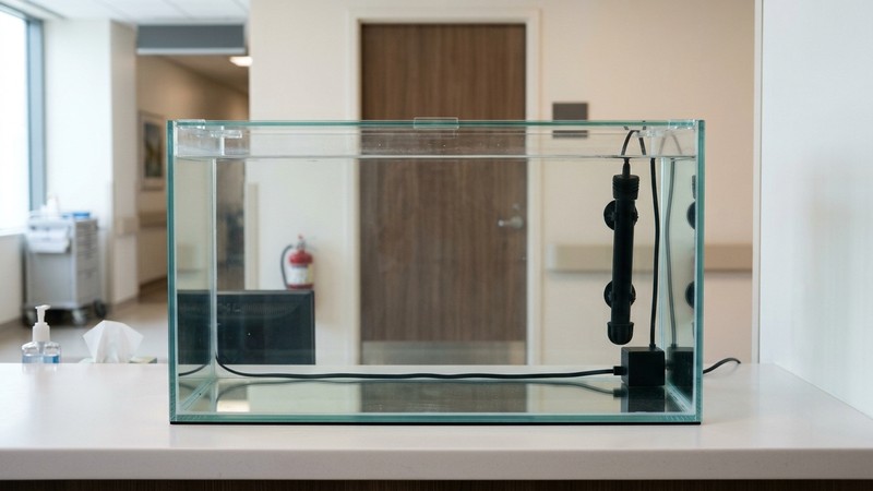 un pequeño acuario hospital vacío y limpio con agua clara y un calentador al fondo