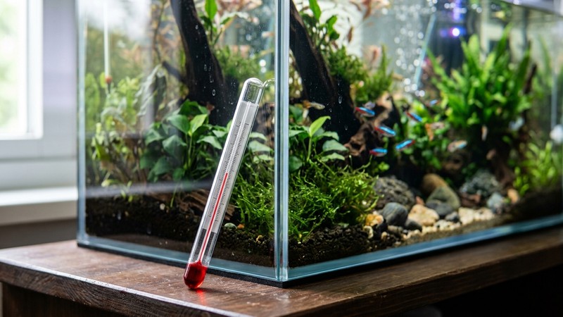 un termómetro de acuario en reposo apoyado junto a un acuario de agua cristalina y fresca