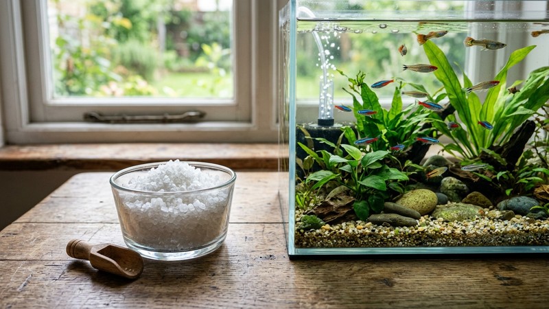 sal gruesa sin aditivos en un cuenco de cristal sobre una mesa de madera junto a un acuario cristalino