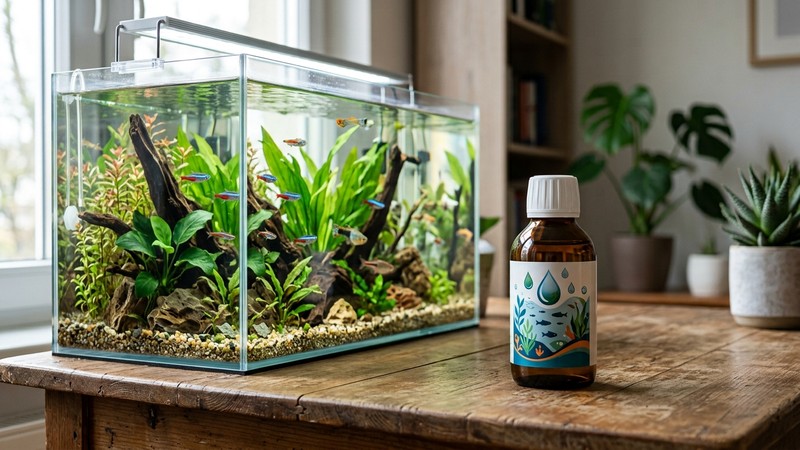 un frasco cerrado de tratamiento de acuario en reposo sobre una mesa junto a un acuario limpio y bien iluminado