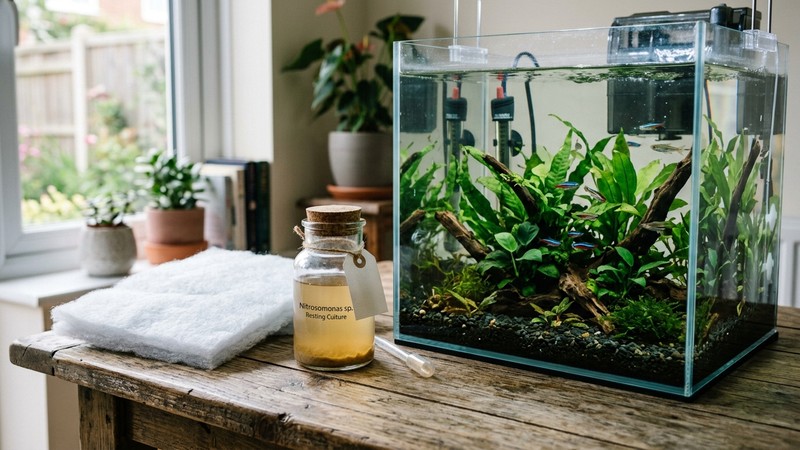 un material filtrante limpio y un frasco de bacterias en reposo sobre una mesa junto a un acuario de agua clara