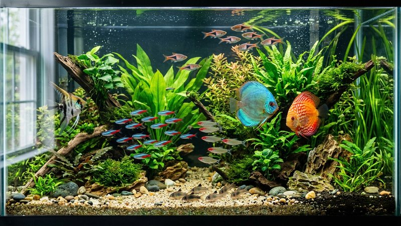 un acuario comunitario sano y equilibrado con varios peces de colores nadando entre plantas verdes y agua cristalina