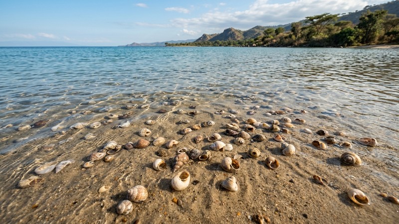 un lecho de arena fina en la orilla de un lago africano de agua clara, cubierto de decenas de conchas de caracol vacías dispersas sobre el fondo