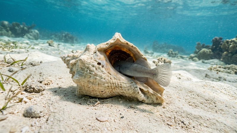 un pequeño pez gris entrando de cola en una caracola vacía apoyada sobre arena fina, con el agua limpia y transparente alrededor
