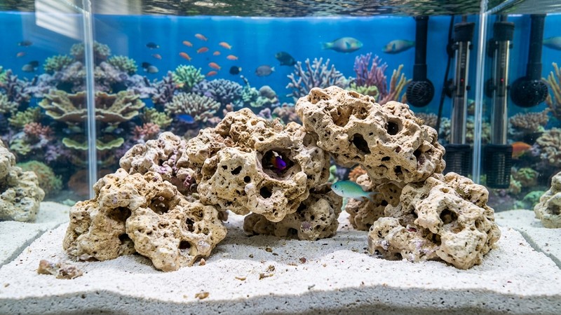 rocas calcáreas claras con huecos y cavidades colocadas sobre arena fina en un acuario de agua transparente