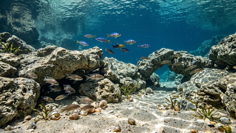 un biotopo de agua dura y alcalina estilo lago Tanganica, con arena clara, rocas calizas y agua muy cristalina de tono azulado