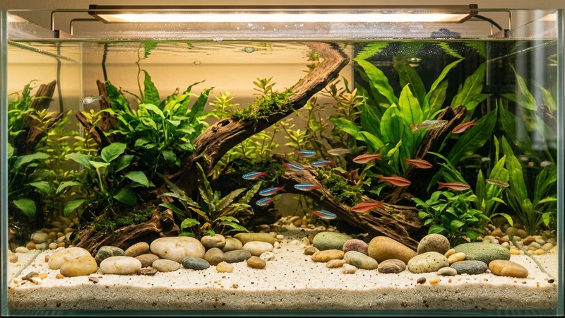 un acuario cálido y luminoso de agua cristalina con fondo de arena fina y varias caracolas, iluminado por una suave luz dorada