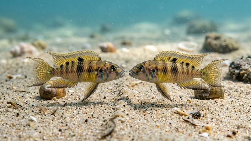 dos cíclidos conchícolas diminutos enfrentados de frente sobre la arena, con las aletas extendidas marcando la frontera de sus territorios