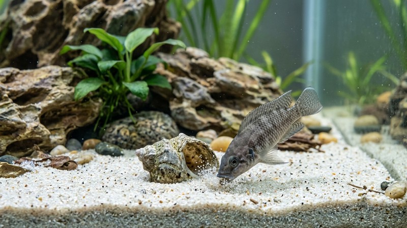 un pequeño cíclido gris rebuscando en la arena fina del fondo cerca de su caracola, en un acuario de agua limpia