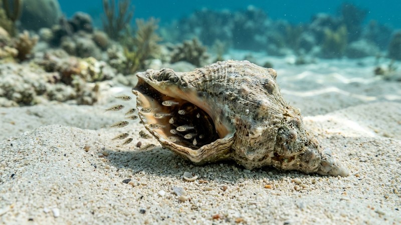 una caracola sobre arena fina con diminutos alevines de cíclido nadando muy cerca de su entrada, en agua cristalina y limpia